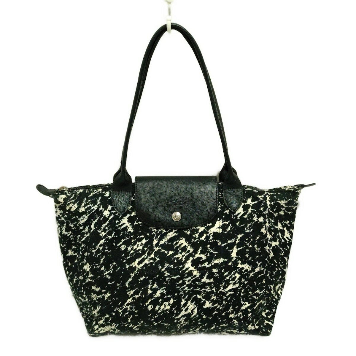 Longchamp Hand Shoulder Bag Tote Purse Le Pliage Canvas Leather Black White Auth