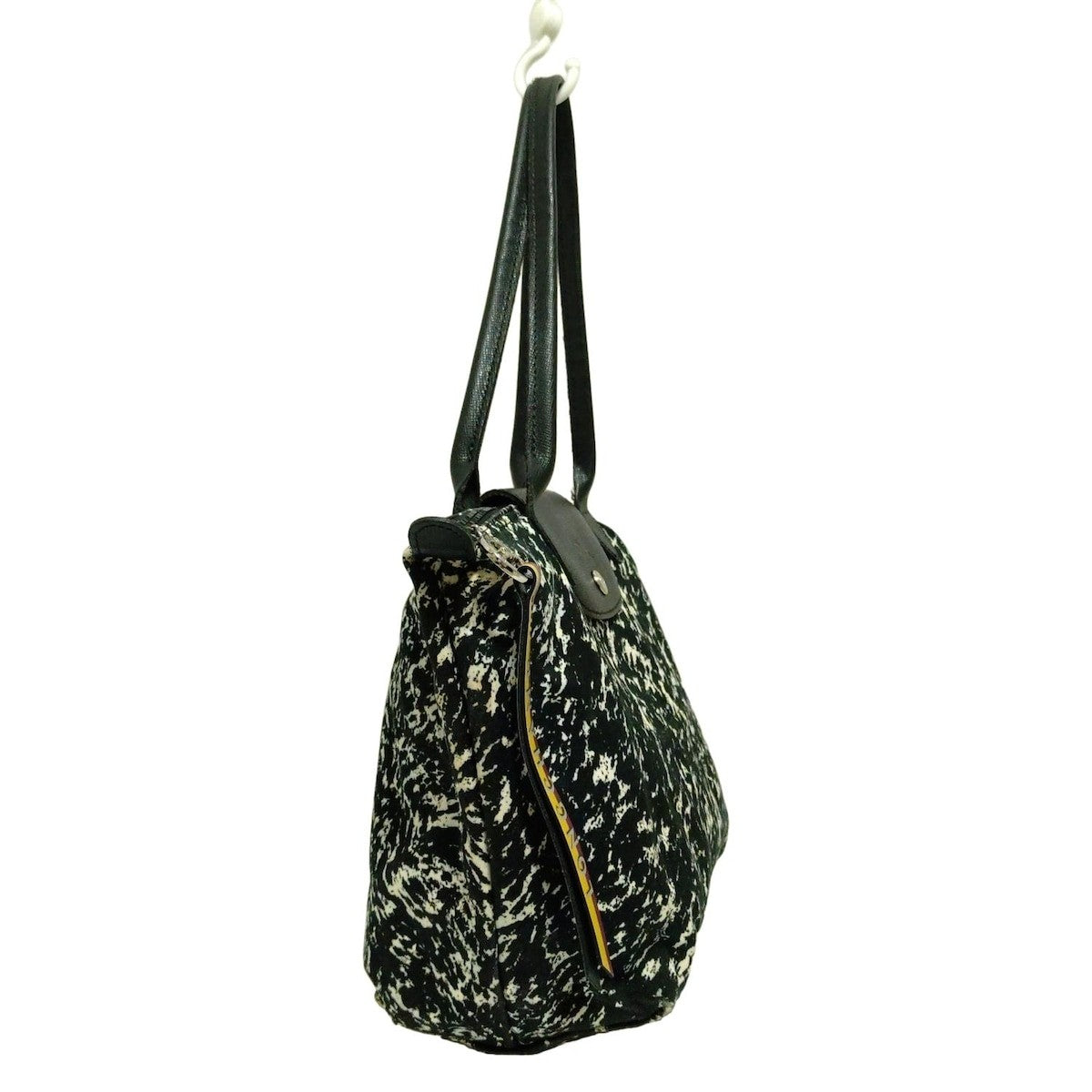 Longchamp Hand Shoulder Bag Tote Purse Le Pliage Canvas Leather Black White Auth