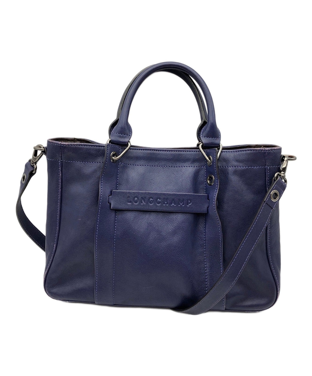 Longchamp Hand Shoulder Bag Tote Purse 2way Leather Navy Authentic
