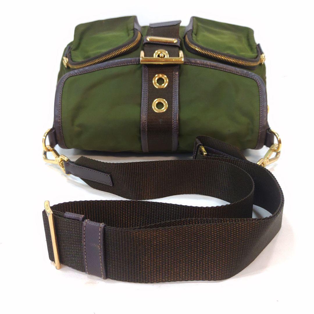 PRADA Shoulder Bag Purse Logo Nylon Leather Green Authentic