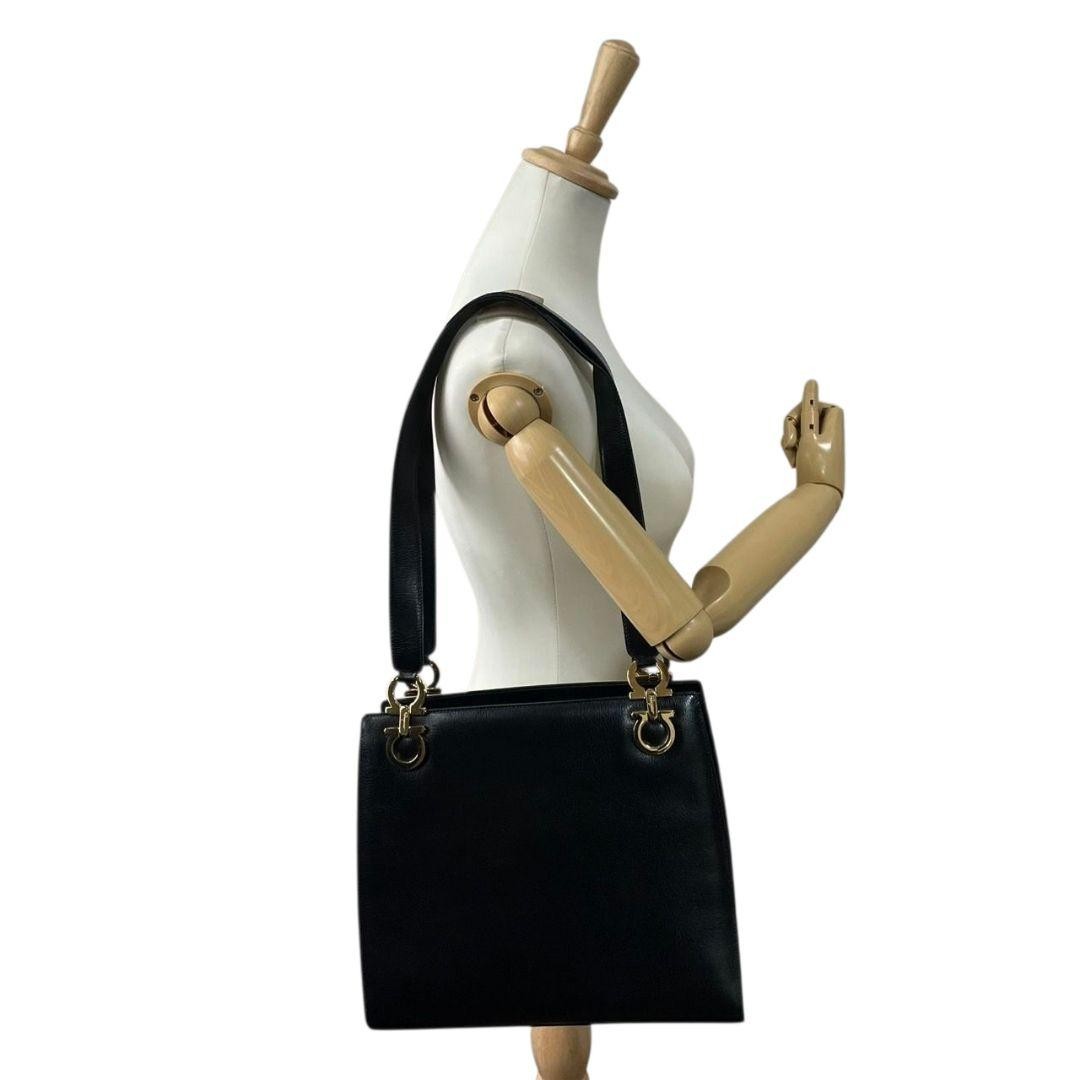 Salvatore Ferragamo Shoulder Bag Purse Gancini Leather Black Authentic