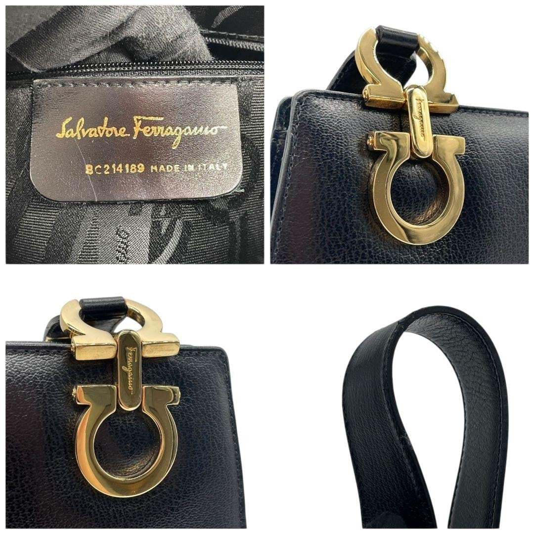 Salvatore Ferragamo Shoulder Bag Purse Gancini Leather Black Authentic