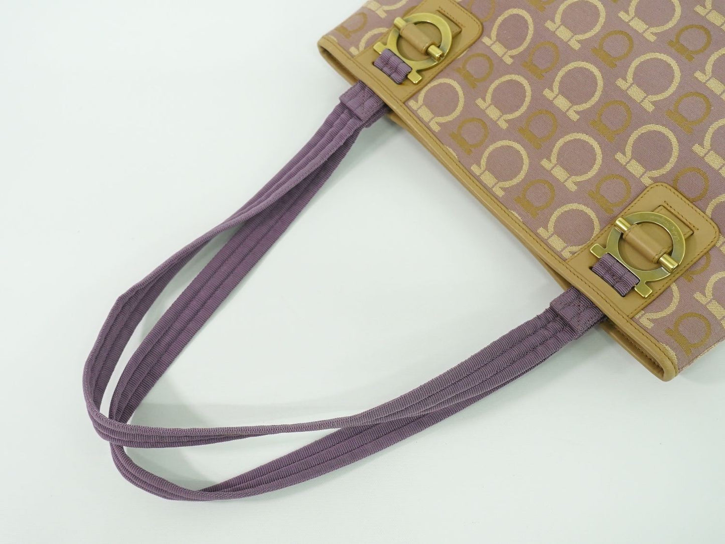 Salvatore Ferragamo Hand Bag Tote Purse Gancini Canvas Purple Beige Authentic
