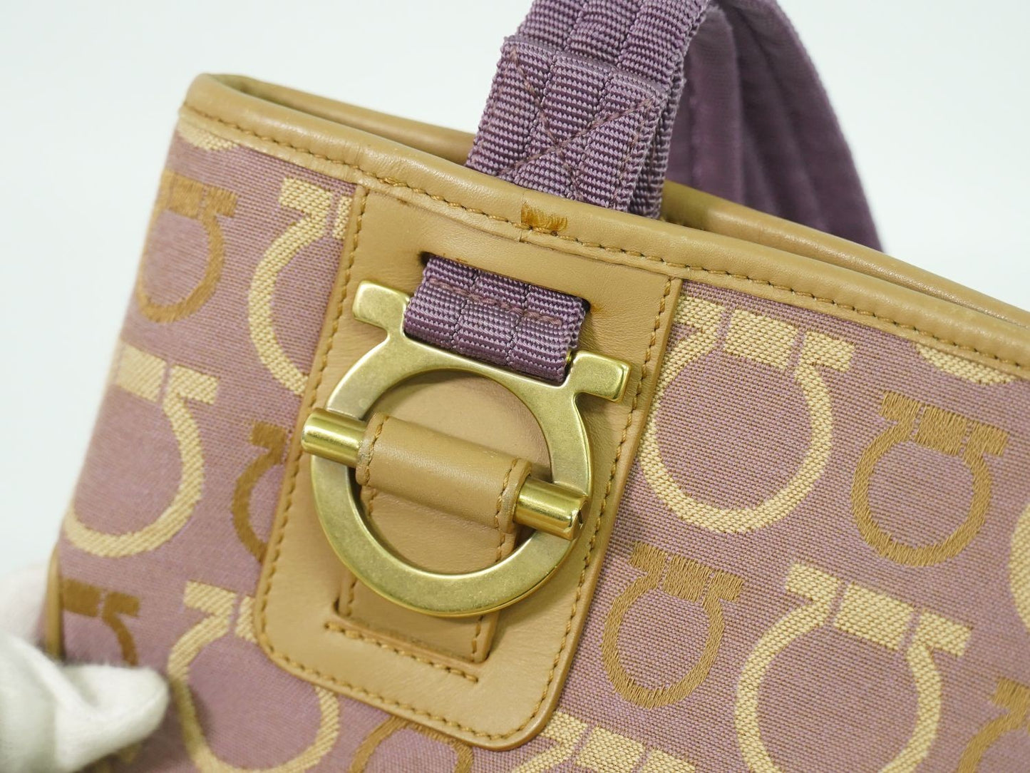 Salvatore Ferragamo Hand Bag Tote Purse Gancini Canvas Purple Beige Authentic