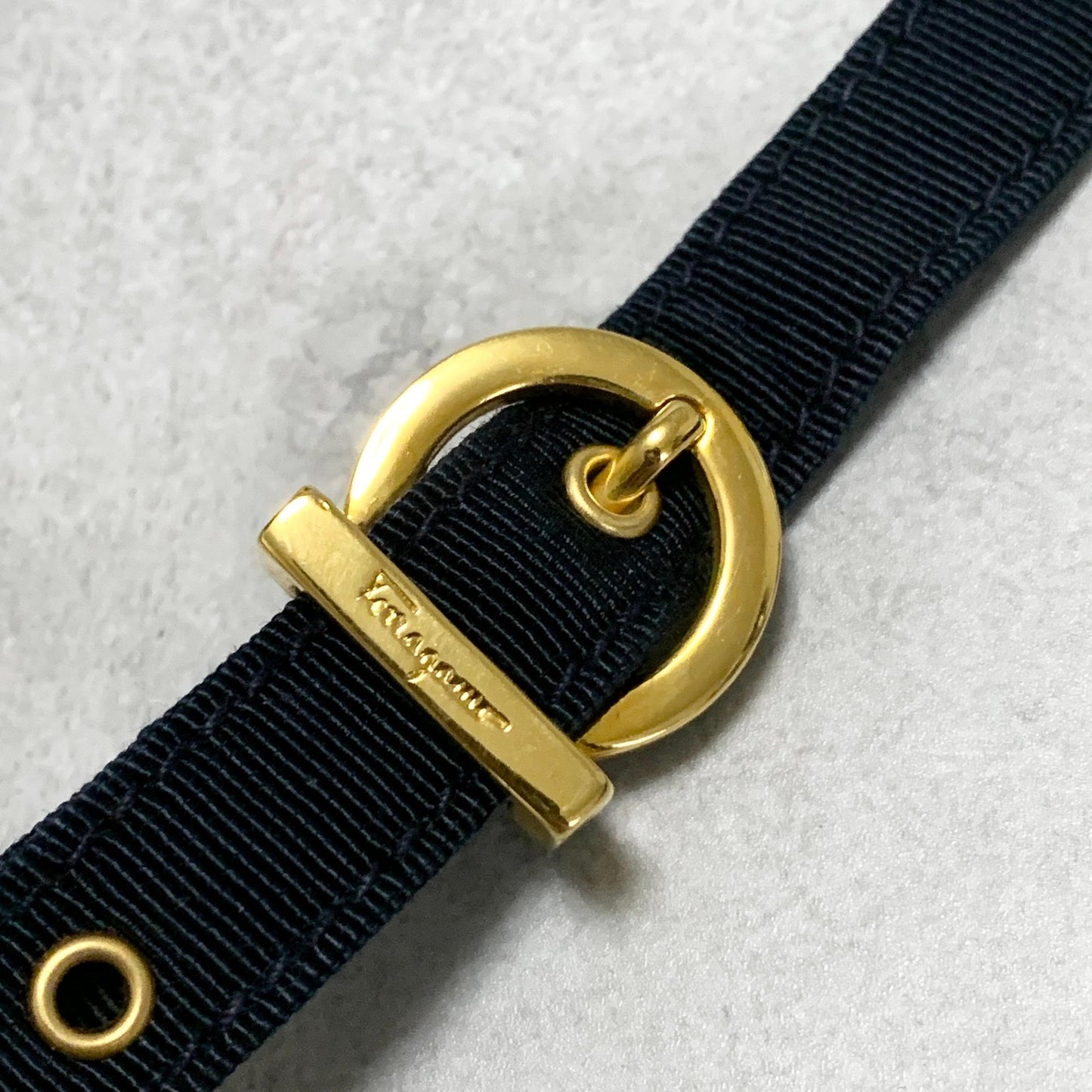 Salvatore Ferragamo Bag Ribbon Shoulder Purse Leather Canvas Black Gold Navy