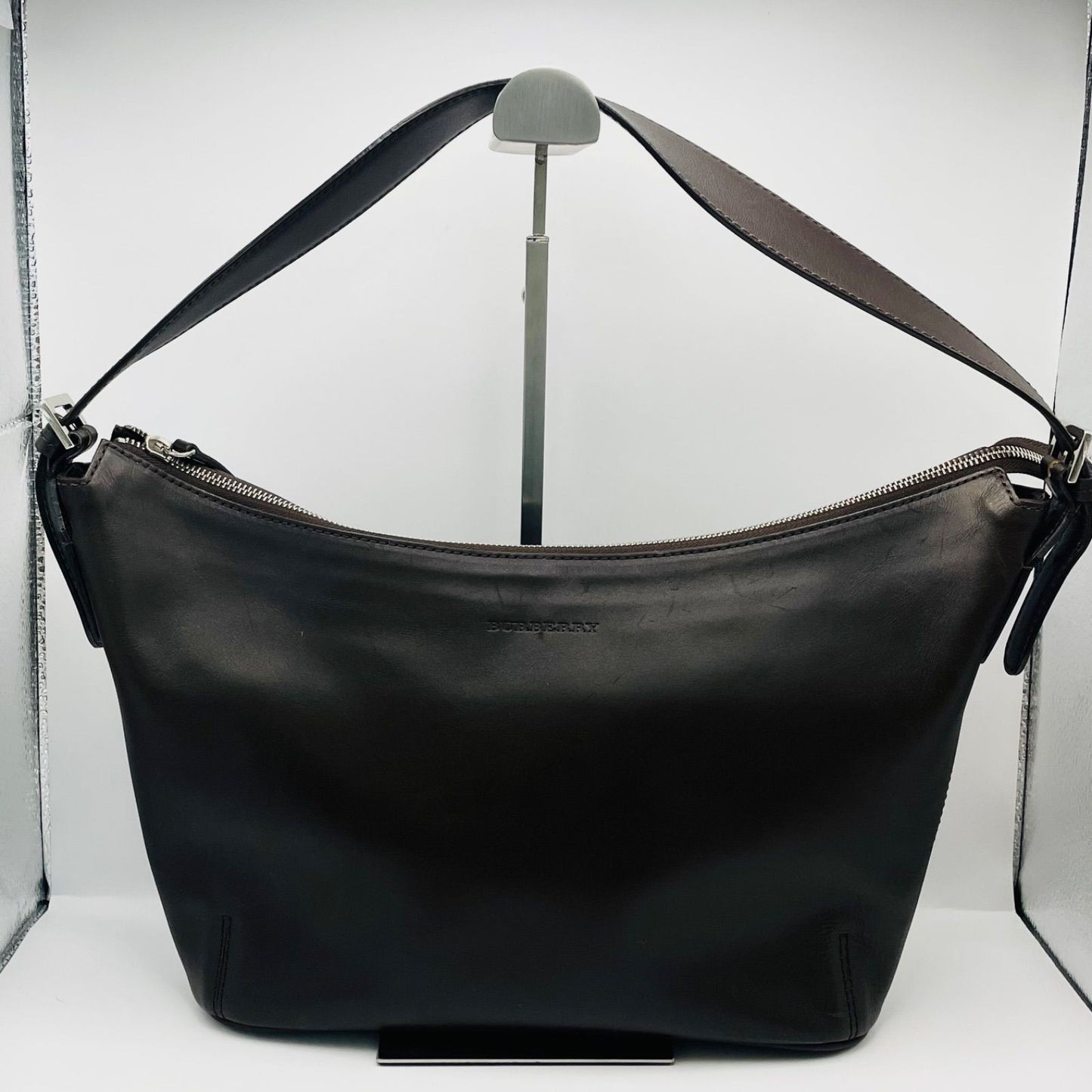 BURBERRY Shoulder Bag Purse Nova Check Leather Dark Brown Authentic