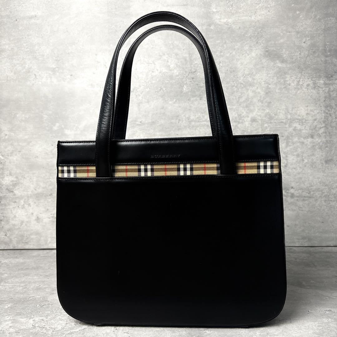 BURBERRY Hand Bag Tote Purse Nova Check Leather Black Authentic