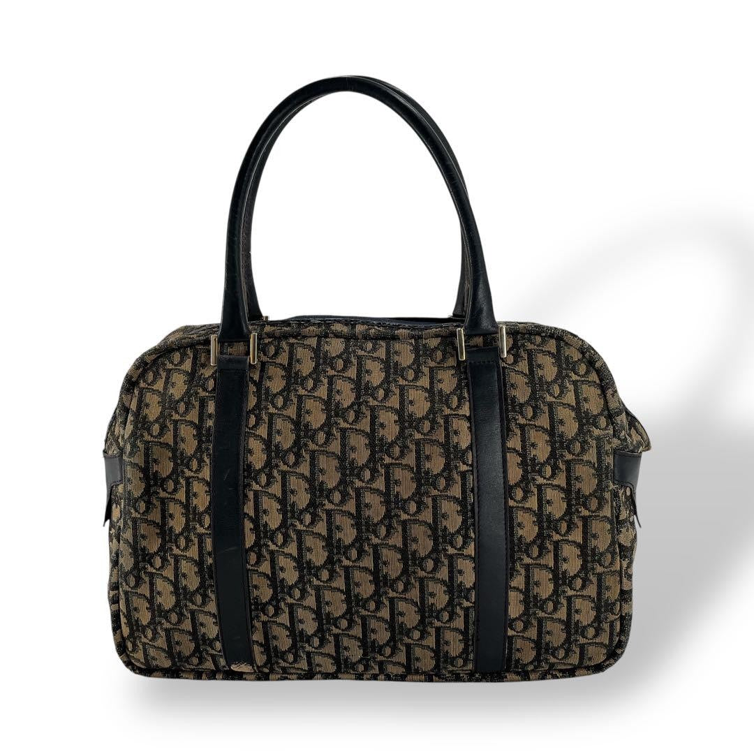 Christian Dior Hand Bag Tote Purse Mini Boston Trotter Canvas Leather Navy Auth