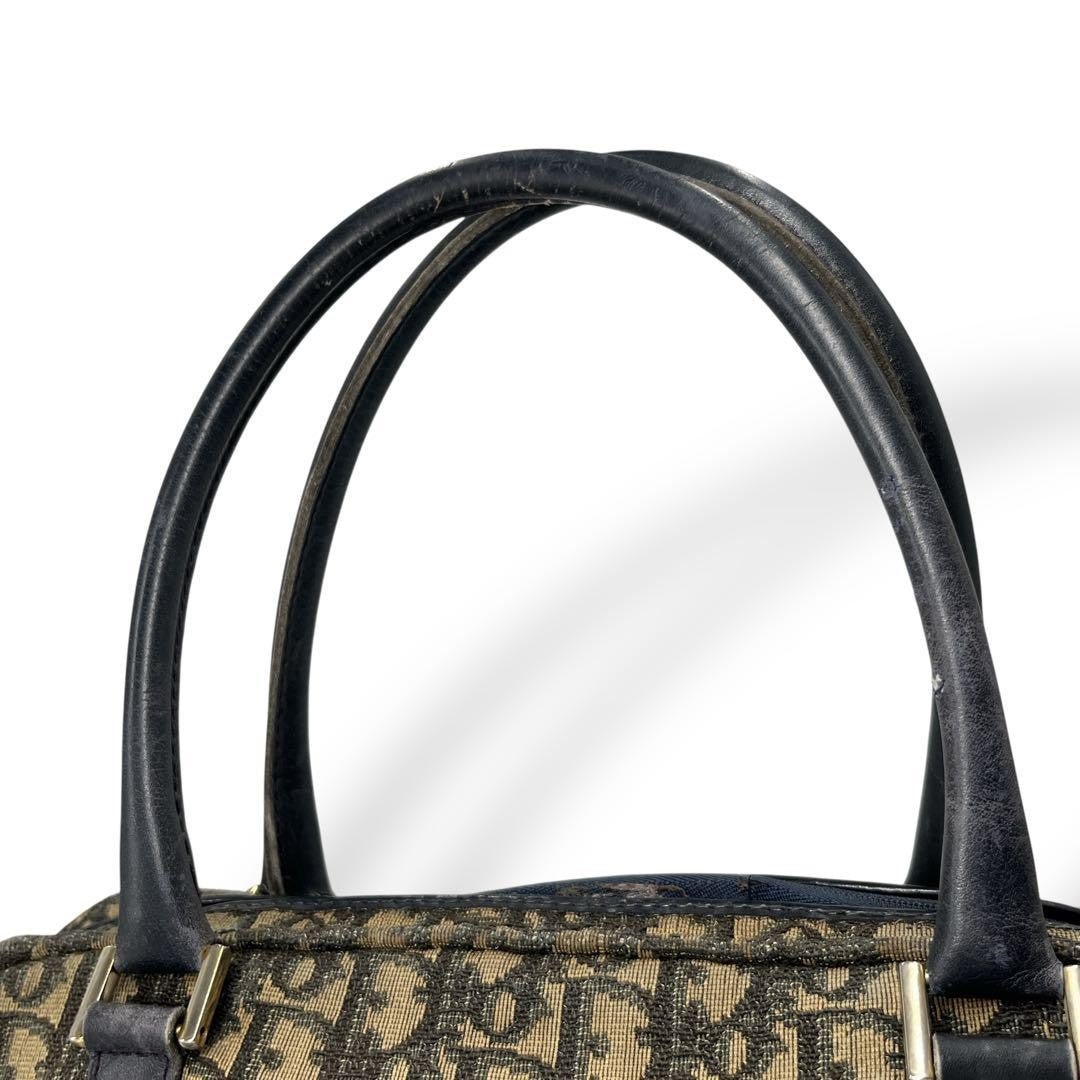 Christian Dior Hand Bag Tote Purse Mini Boston Trotter Canvas Leather Navy Auth