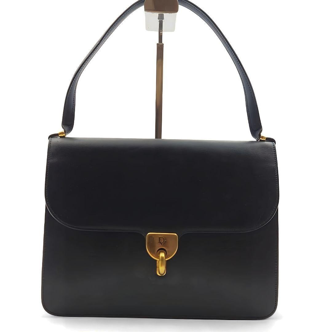 Christian Dior Hand Shoulder Bag Tote Purse Logo Leather Navy Authentic