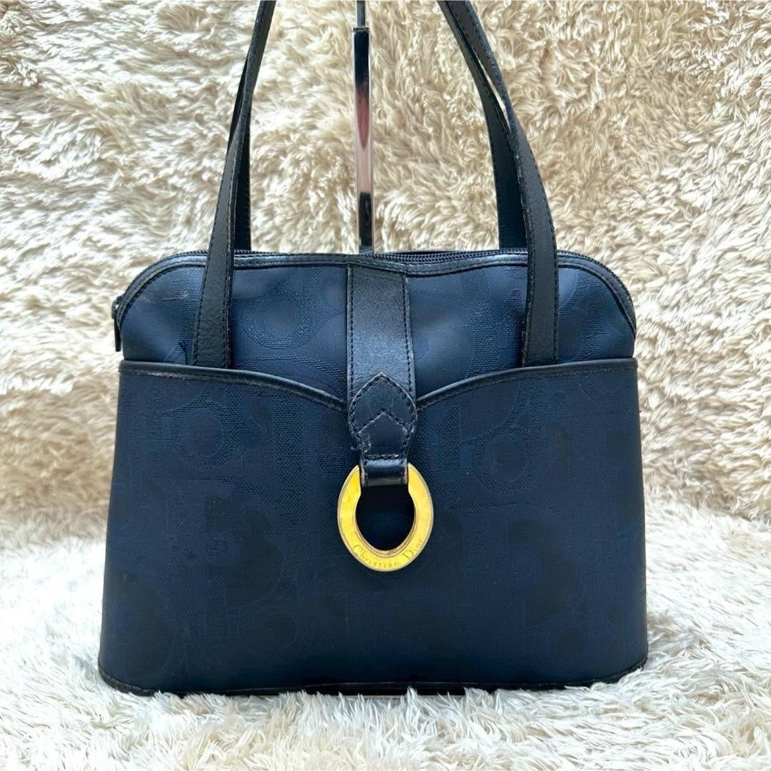Christian Dior Hand Bag Tote Purse Leather Navy Authentic