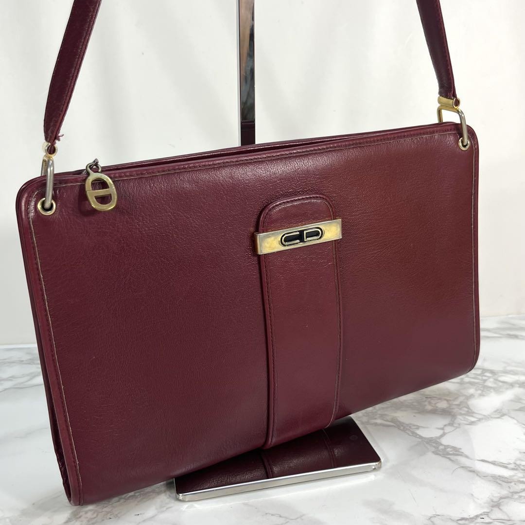 Christian Dior Shoulder Bag Purse CD Leather Wine Red Authentic