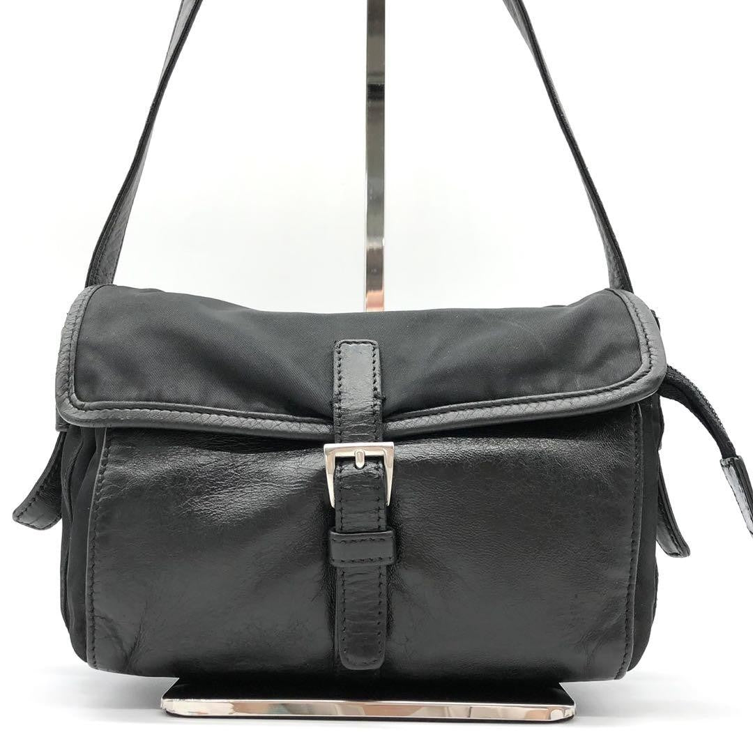 PRADA Shoulder Bag Purse Logo Nylon Leather Black Authentic
