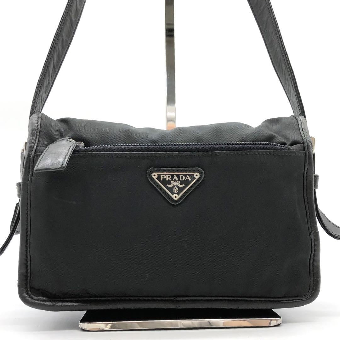 PRADA Shoulder Bag Purse Logo Nylon Leather Black Authentic
