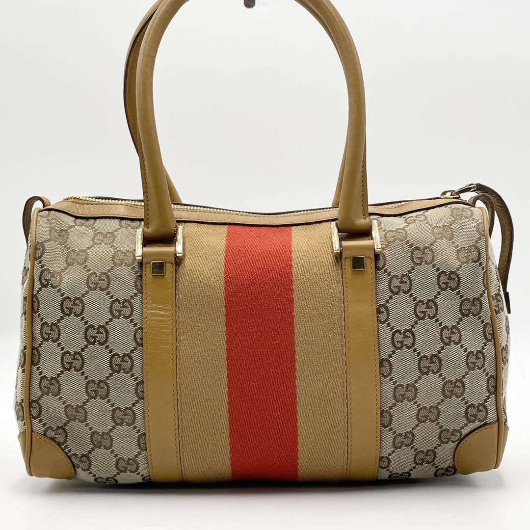 GUCCI Hand Bag Tote Purse Mini Boston Sherry Line GG Canvas Leather Beige Auth