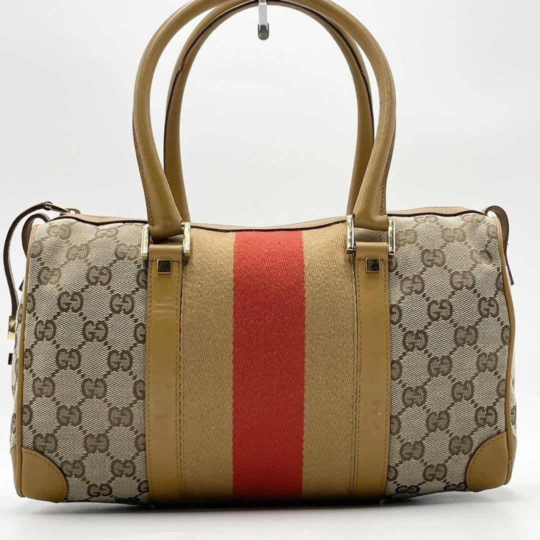 GUCCI Hand Bag Tote Purse Mini Boston Sherry Line GG Canvas Leather Beige Auth