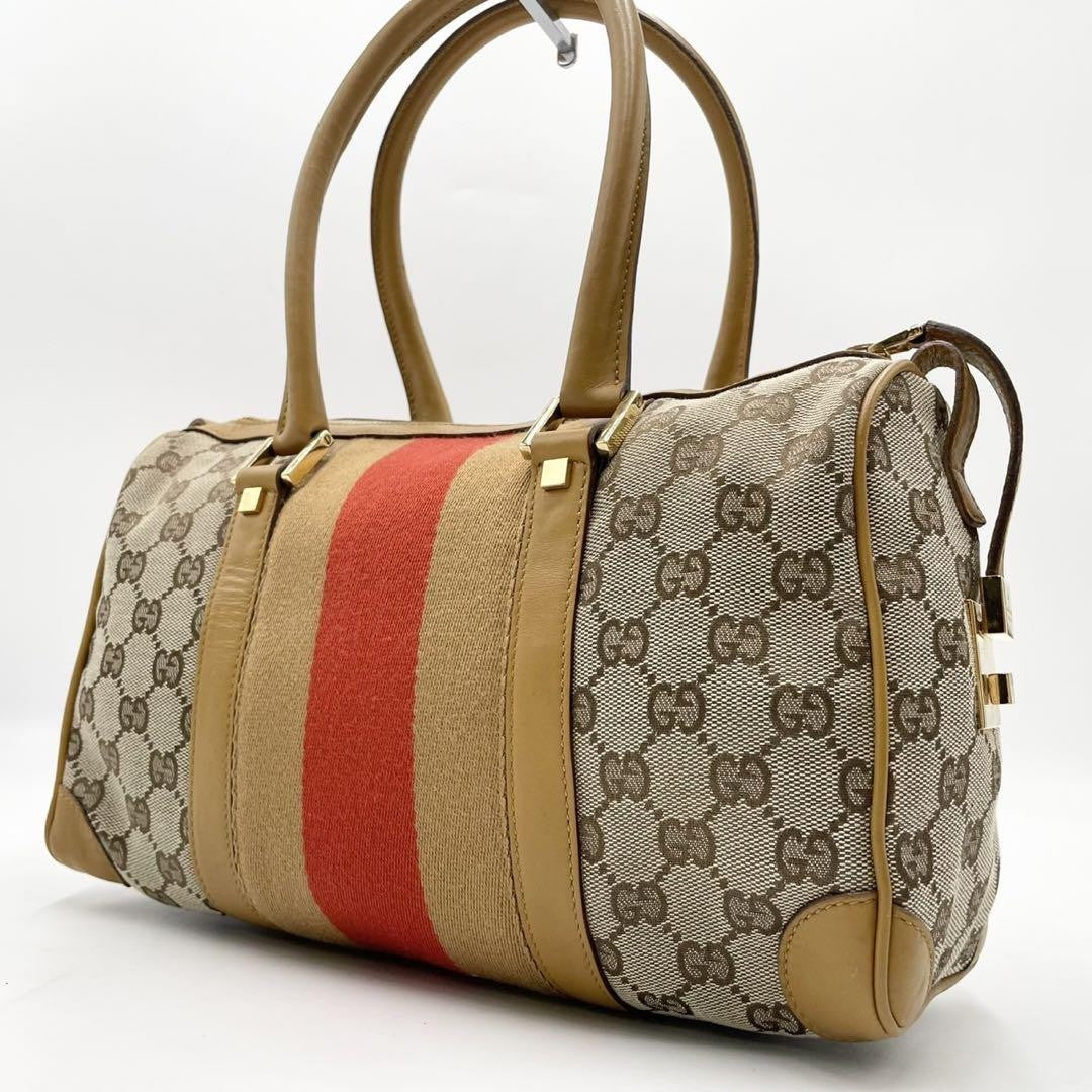 GUCCI Hand Bag Tote Purse Mini Boston Sherry Line GG Canvas Leather Beige Auth