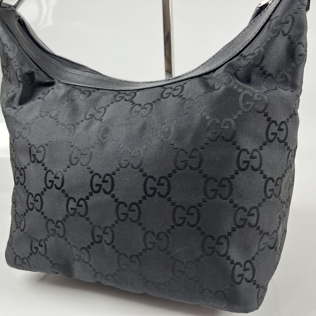 GUCCI Hand Shoulder Bag Tote Purse GG Bamboo Nylon Black Authentic