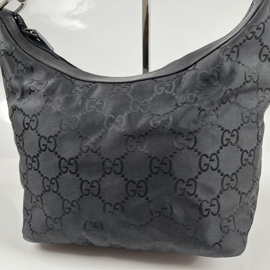 GUCCI Hand Shoulder Bag Tote Purse GG Bamboo Nylon Black Authentic