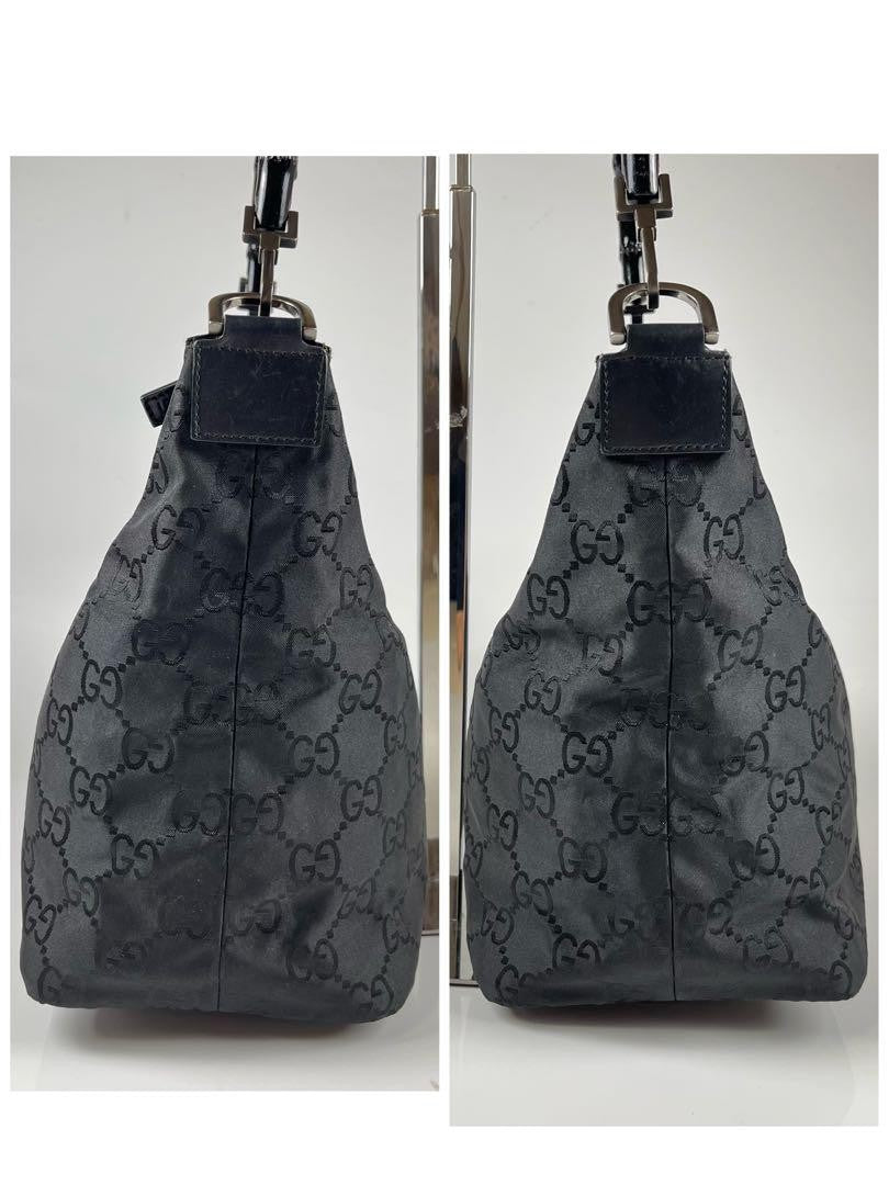 GUCCI Hand Shoulder Bag Tote Purse GG Bamboo Nylon Black Authentic