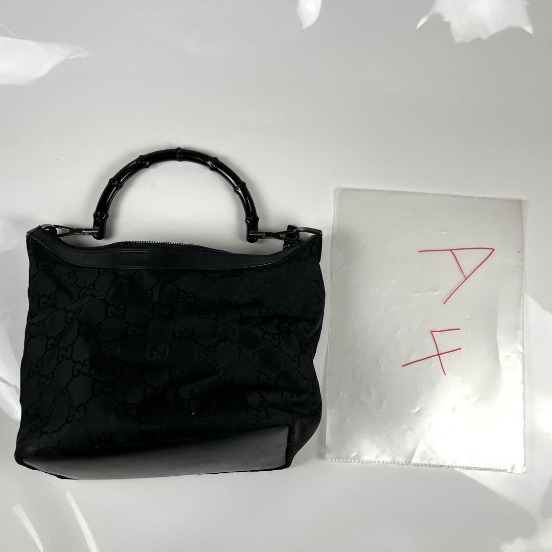 GUCCI Hand Shoulder Bag Tote Purse GG Bamboo Nylon Black Authentic