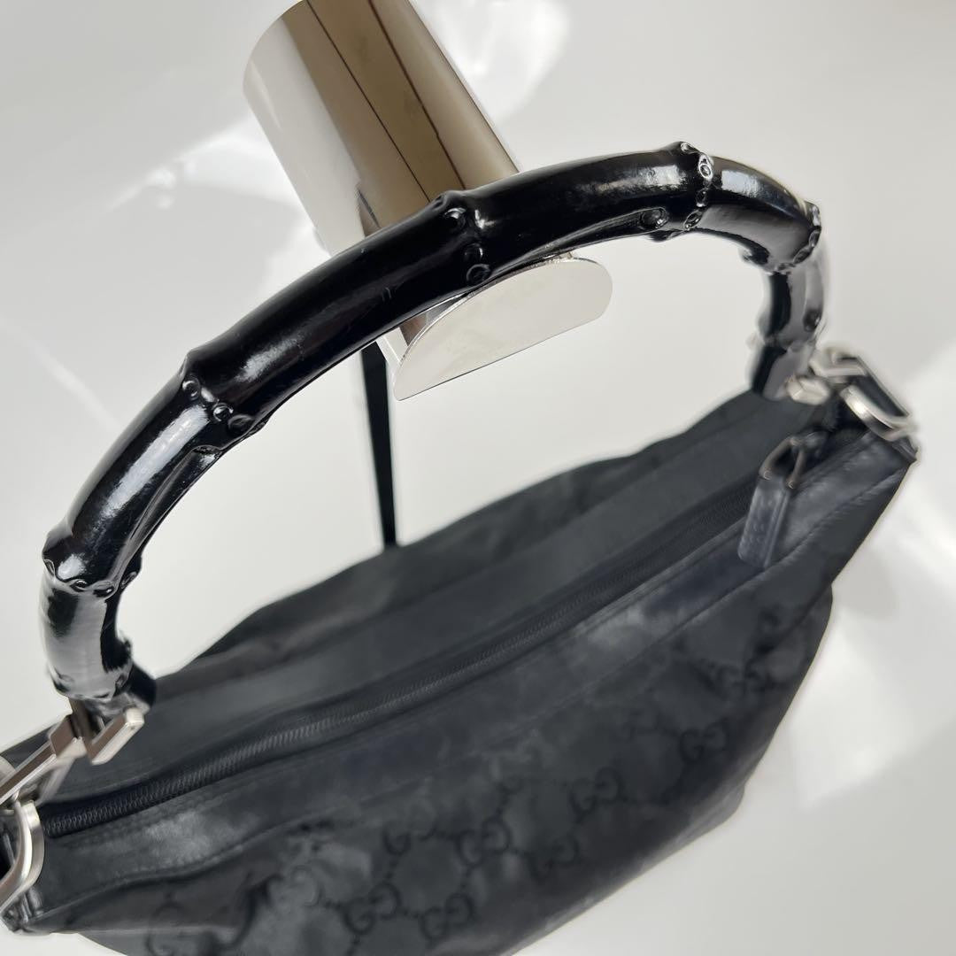 GUCCI Hand Shoulder Bag Tote Purse GG Bamboo Nylon Black Authentic