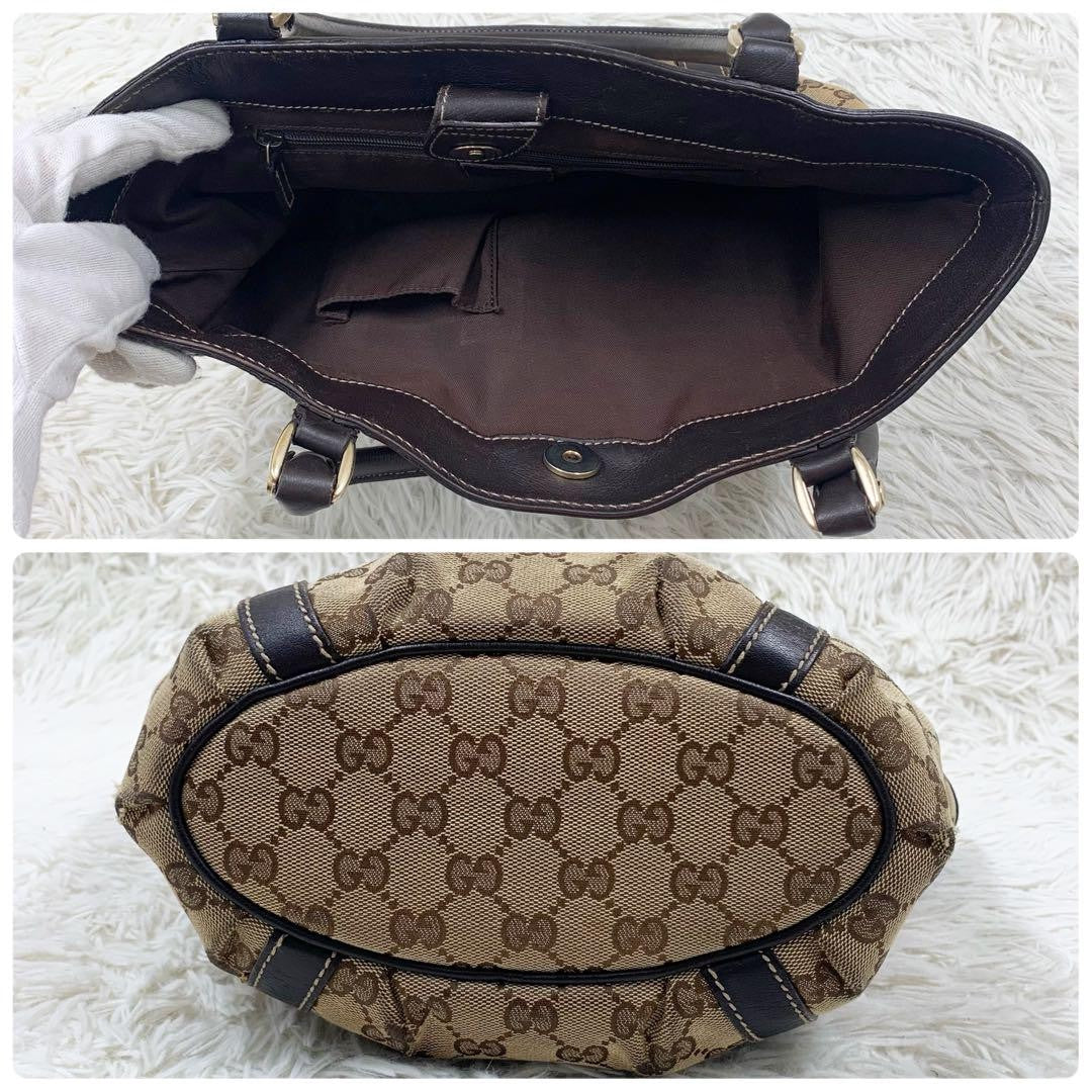 GUCCI Hand Bag Tote Purse GG Canvas Leather Beige Brown Authentic