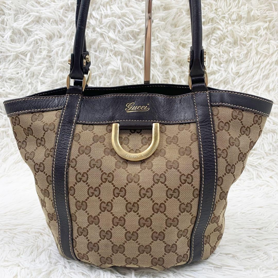 GUCCI Hand Bag Tote Purse GG Canvas Leather Beige Brown Authentic
