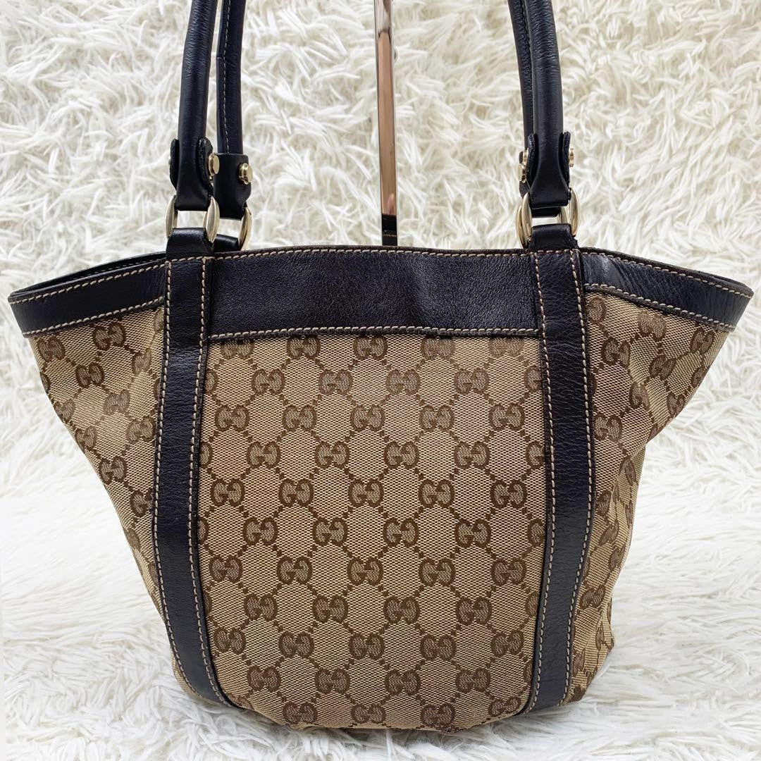 GUCCI Hand Bag Tote Purse GG Canvas Leather Beige Brown Authentic