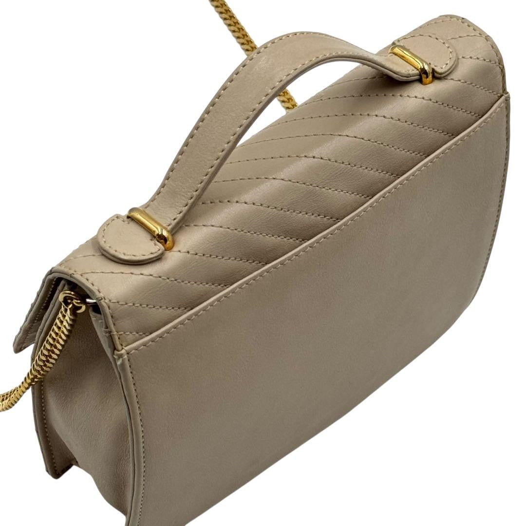 CELINE Hand Shoulder Bag Tote Purse 2way Chain Leather Beige Authentic
