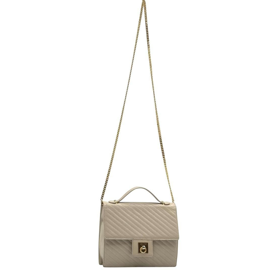 CELINE Hand Shoulder Bag Tote Purse 2way Chain Leather Beige Authentic