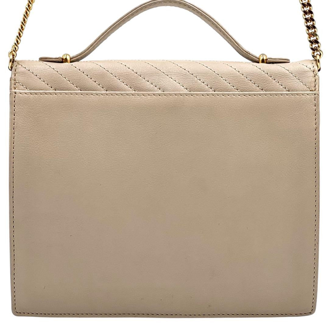 CELINE Hand Shoulder Bag Tote Purse 2way Chain Leather Beige Authentic