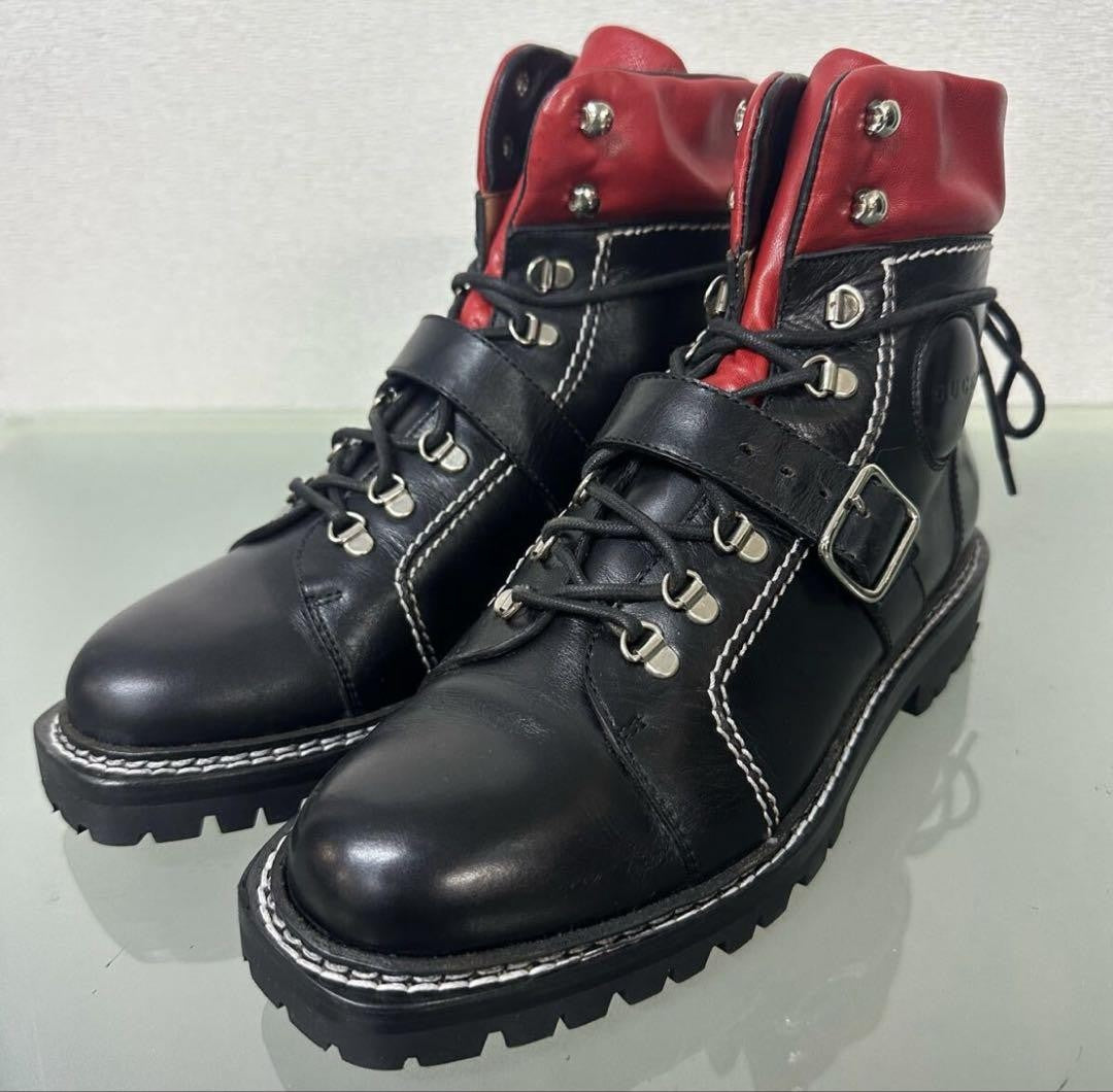 GUCCI Short Boots Shoes EU 37.5 US 7.5 Leather Black Red Authentic