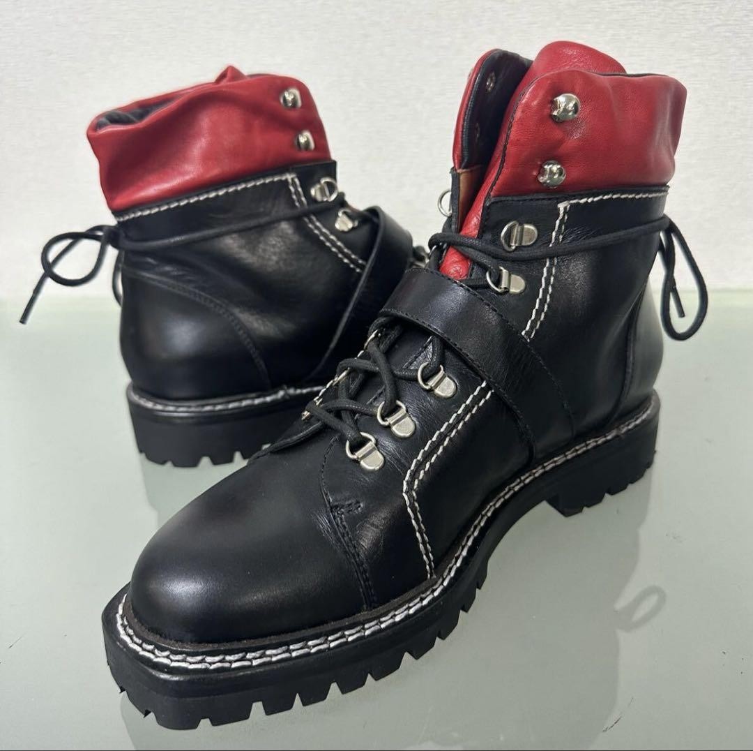GUCCI Short Boots Shoes EU 37.5 US 7.5 Leather Black Red Authentic