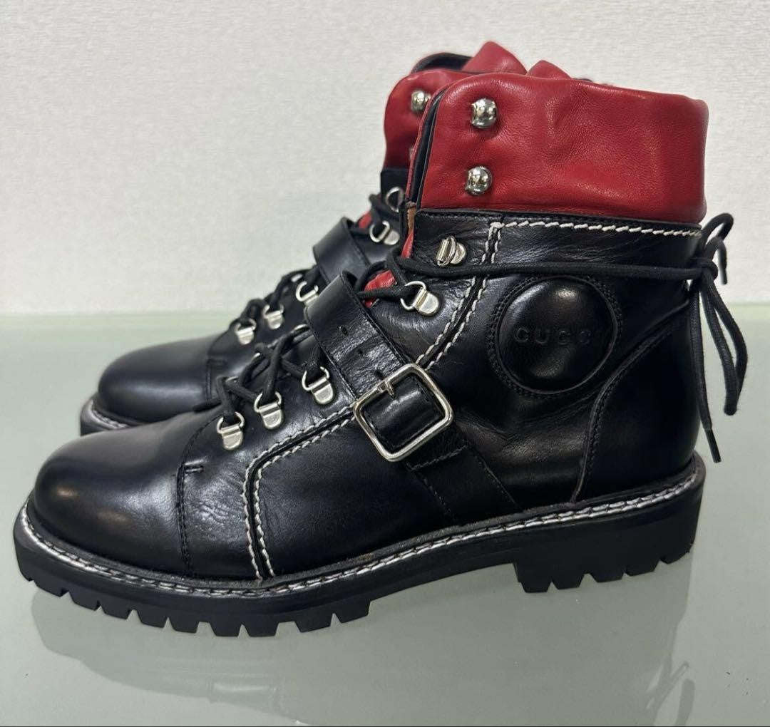 GUCCI Short Boots Shoes EU 37.5 US 7.5 Leather Black Red Authentic