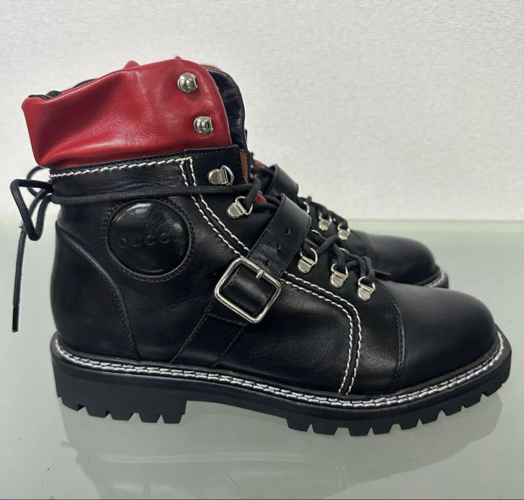 GUCCI Short Boots Shoes EU 37.5 US 7.5 Leather Black Red Authentic