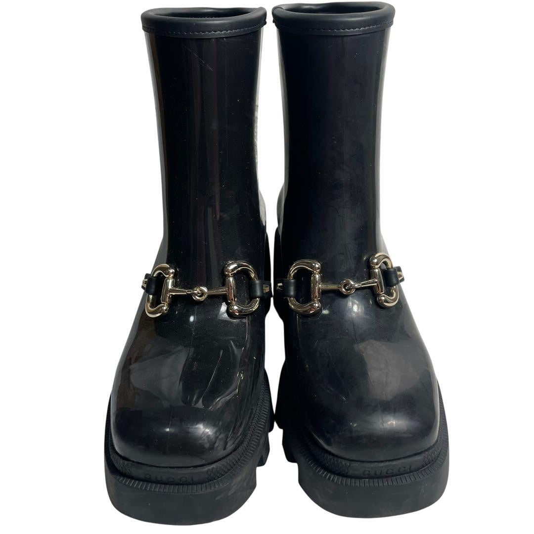 GUCCI Rain Boots Shoes Horsebit EU 38 US 8 Black Authentic