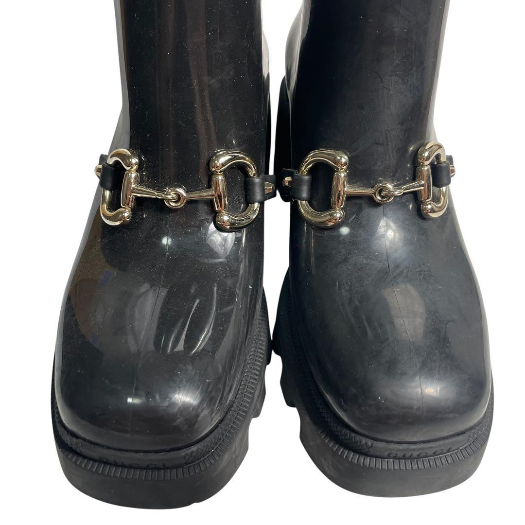 GUCCI Rain Boots Shoes Horsebit EU 38 US 8 Black Authentic