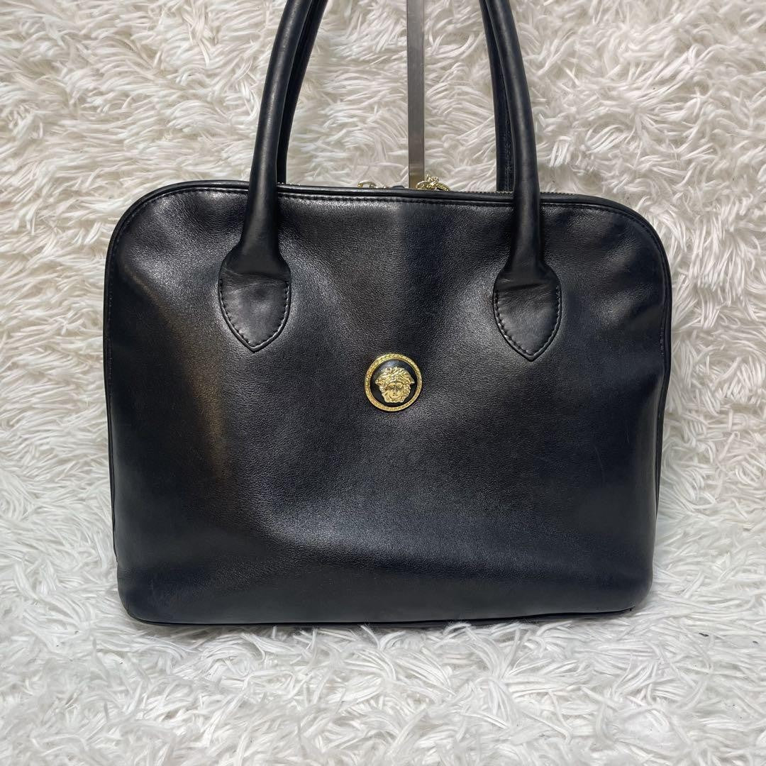 VERSACE Hand Bag Tote Purse Medusa Leather Black Authentic