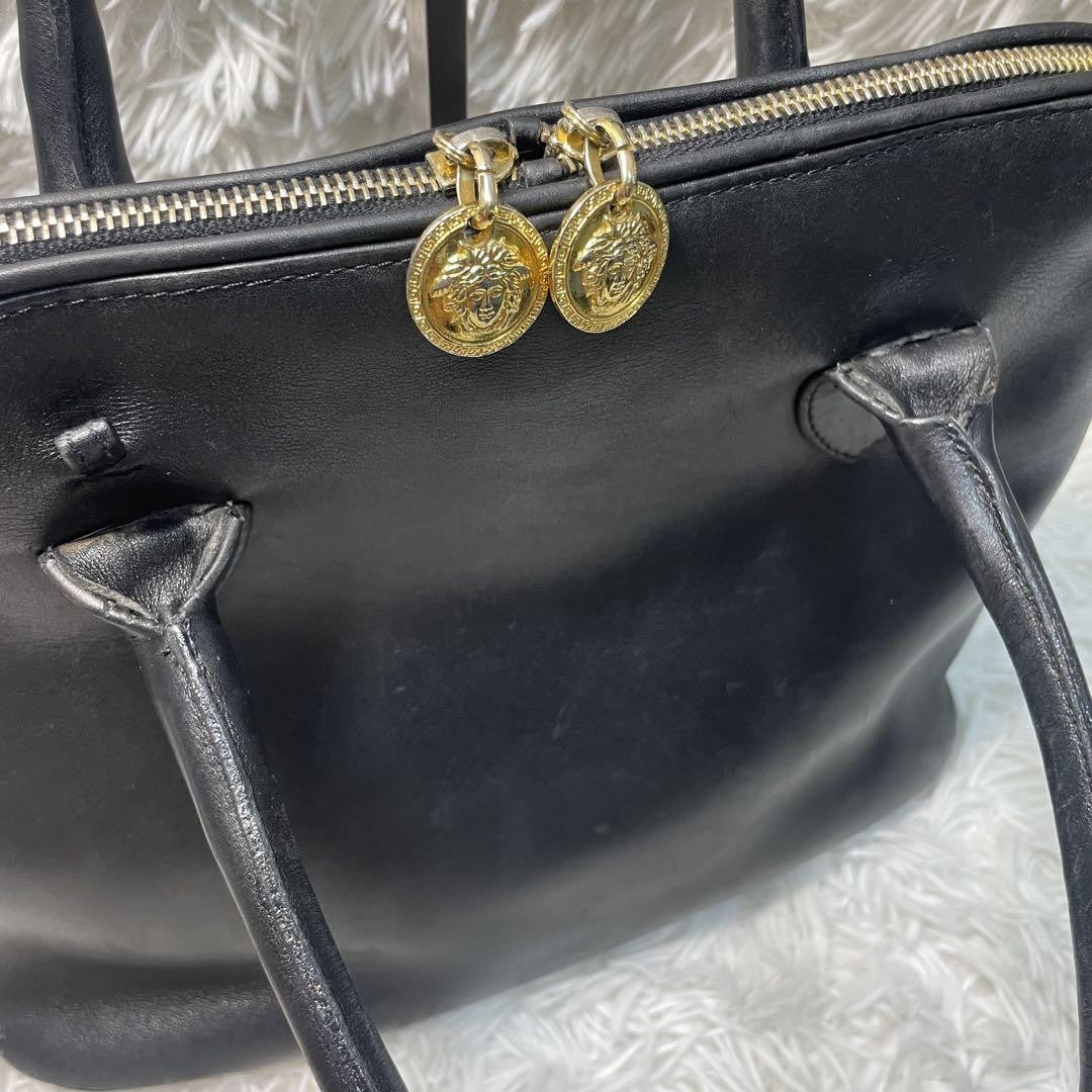 VERSACE Hand Bag Tote Purse Medusa Leather Black Authentic