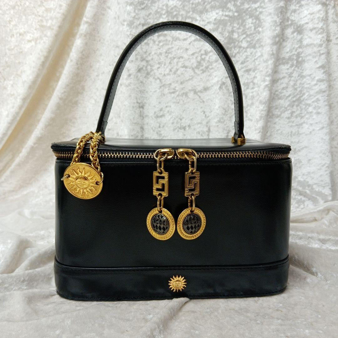 VERSACE Vanity Bag Hand Bag Tote Purse Sunburst Leather Black Authentic