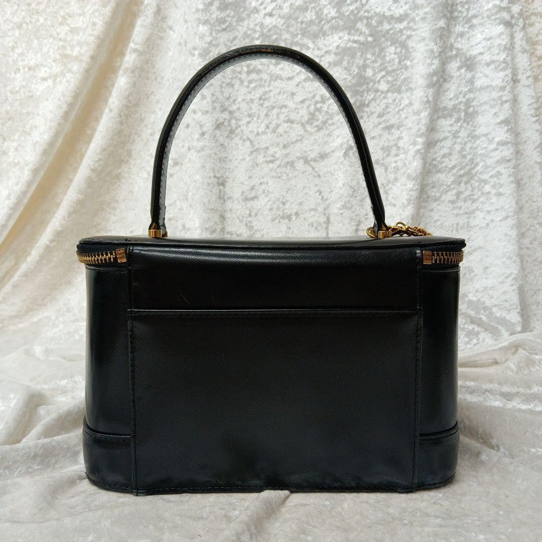 VERSACE Vanity Bag Hand Bag Tote Purse Sunburst Leather Black Authentic
