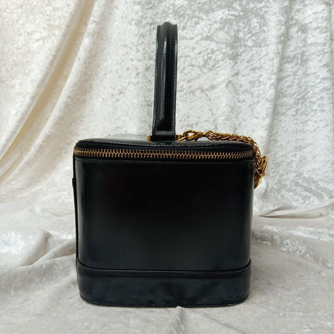 VERSACE Vanity Bag Hand Bag Tote Purse Sunburst Leather Black Authentic
