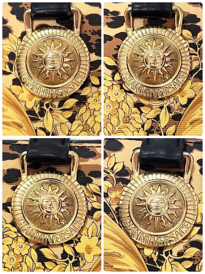 VERSACE Hand Bag Tote Purse Sunburst Black Yellow Gold Authentic
