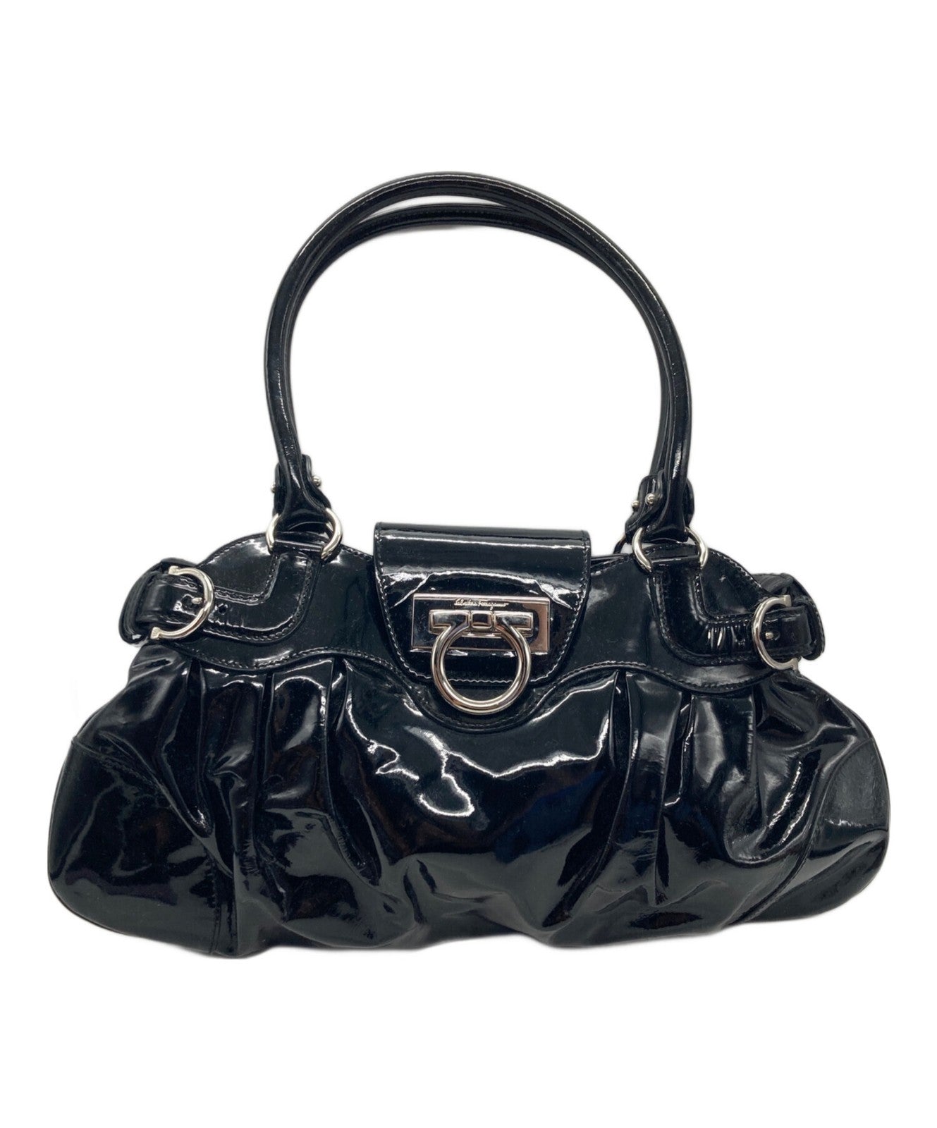 Salvatore Ferragamo Hand Bag Tote Purse Gancini Black Authentic