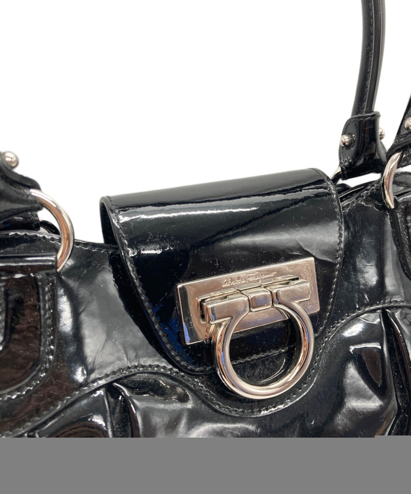 Salvatore Ferragamo Hand Bag Tote Purse Gancini Black Authentic