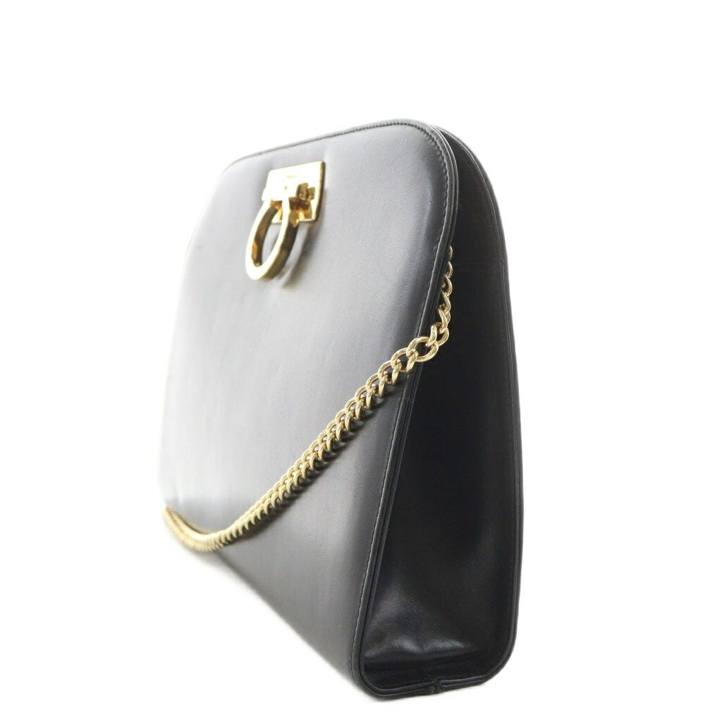 Salvatore Ferragamo Shoulder Bag Purse Chain Gancini Leather Black Authentic