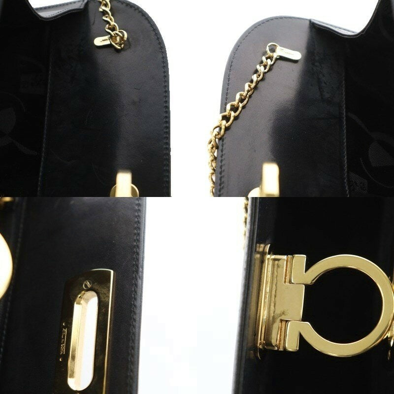 Salvatore Ferragamo Shoulder Bag Purse Chain Gancini Leather Black Authentic