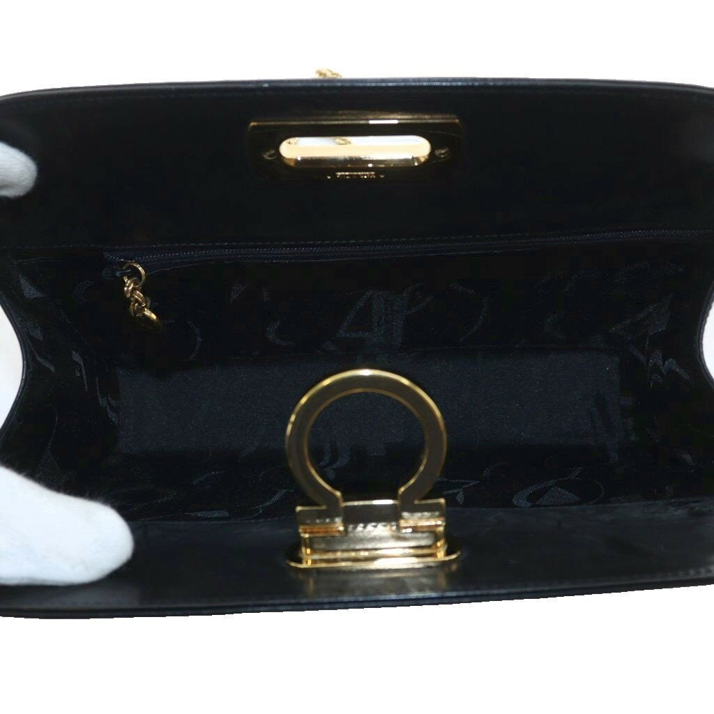 Salvatore Ferragamo Shoulder Bag Purse Chain Gancini Leather Black Authentic