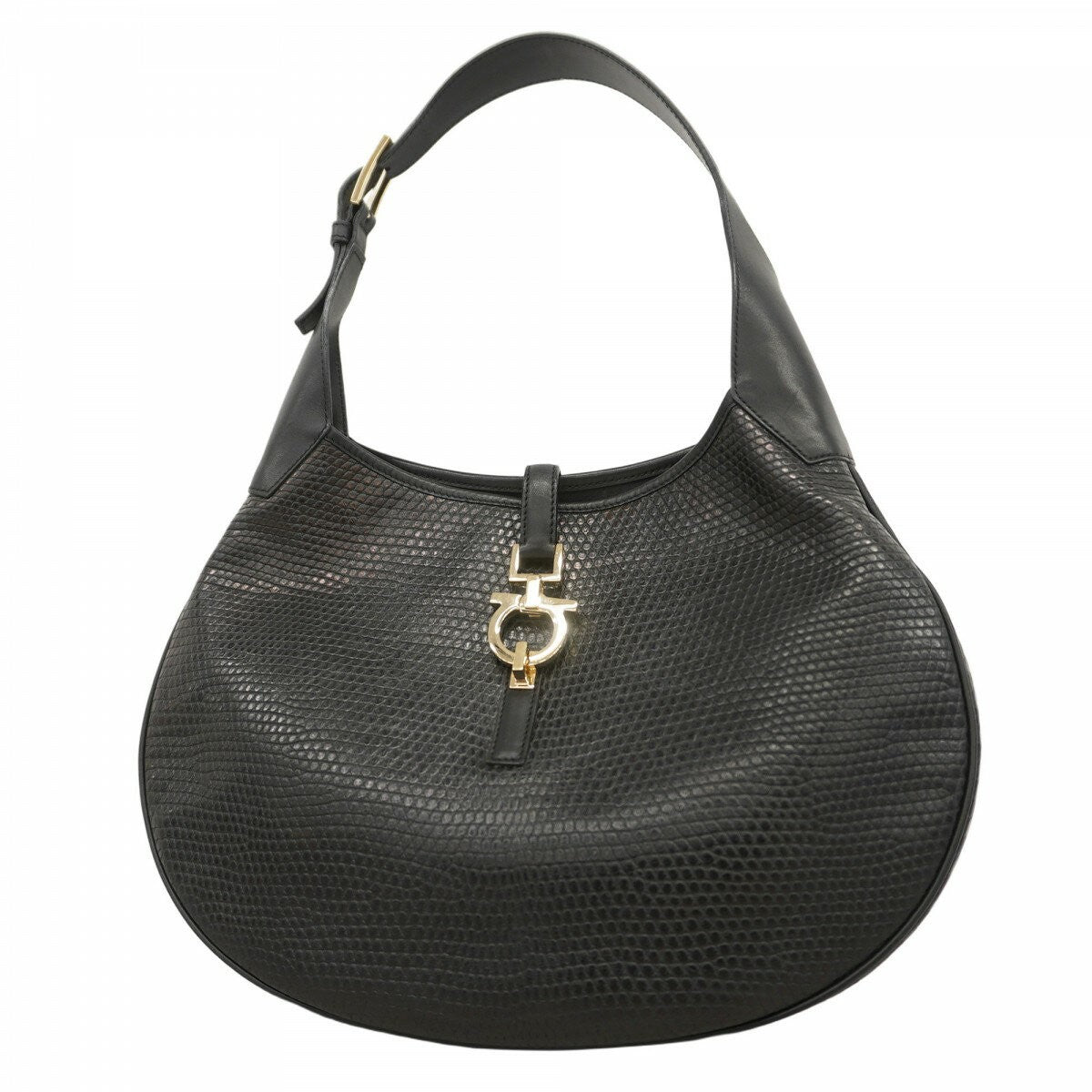 Salvatore Ferragamo Shoulder Bag Purse Gancini Leather Black Authentic
